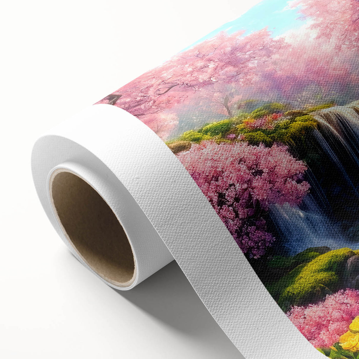 Vibrant rolled canvas wall art showcasing a stunning waterfall landscape design, with rich blues and greens, ideal for home decor or office spaces.