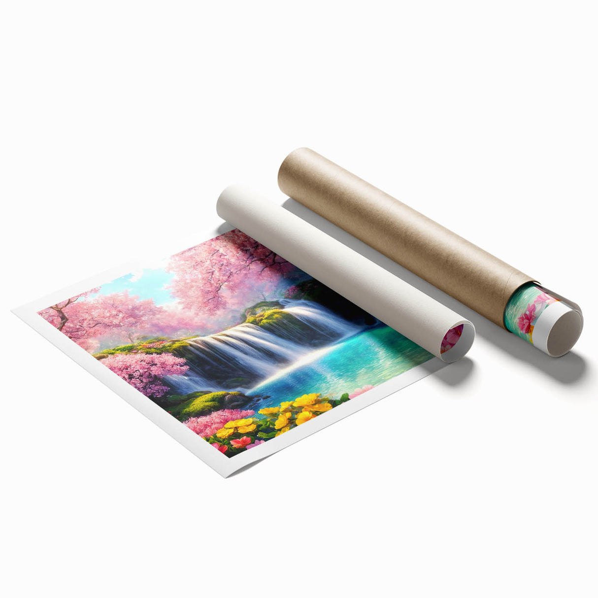 Vibrant waterfall landscape art print showcasing cascading water surrounded by lush greenery, rolled for easy shipping and display in any setting.