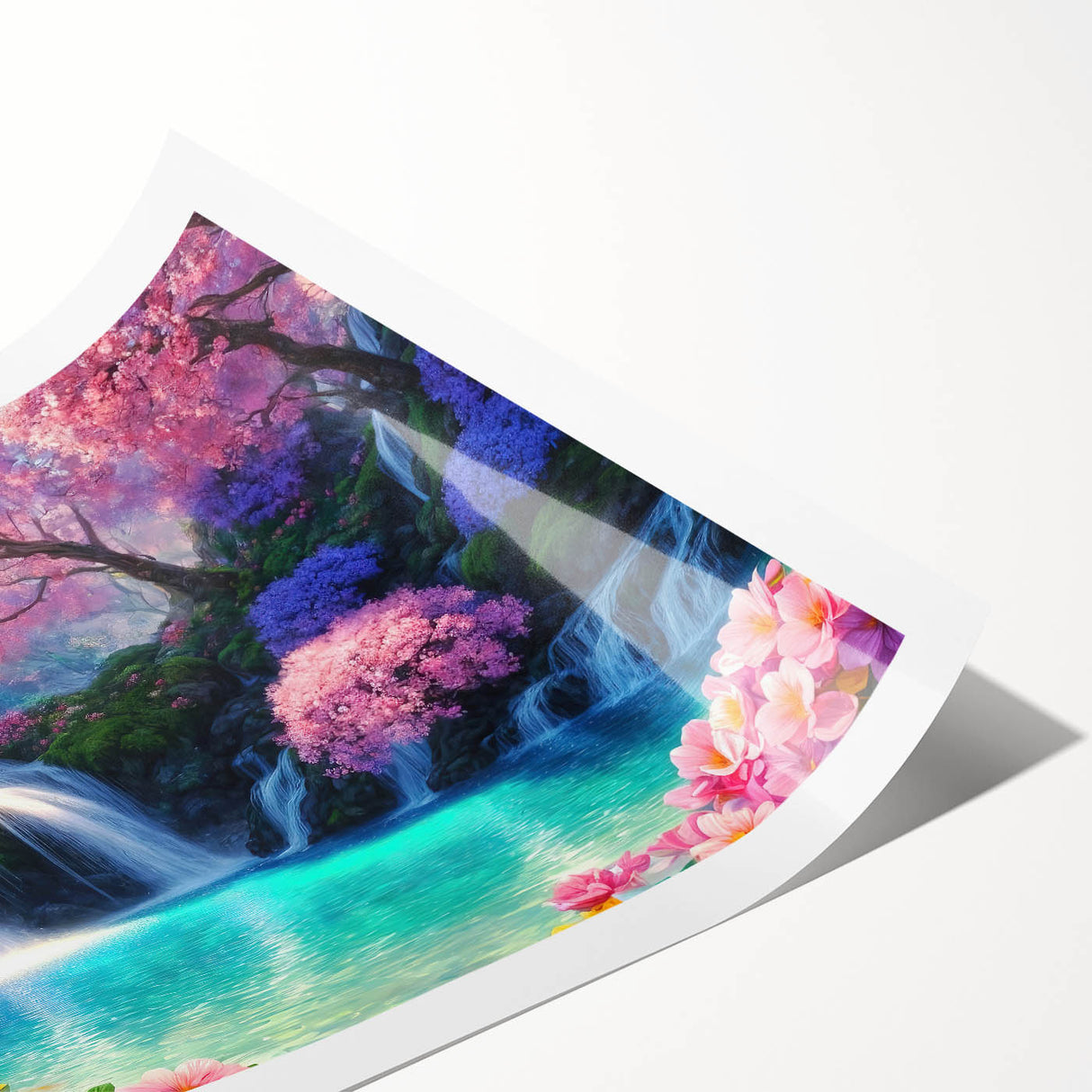 Stunning rolled print showcasing a vibrant waterfall landscape design, perfect for home décor, featuring rich blues and greens, ideal for nature enthusiasts.