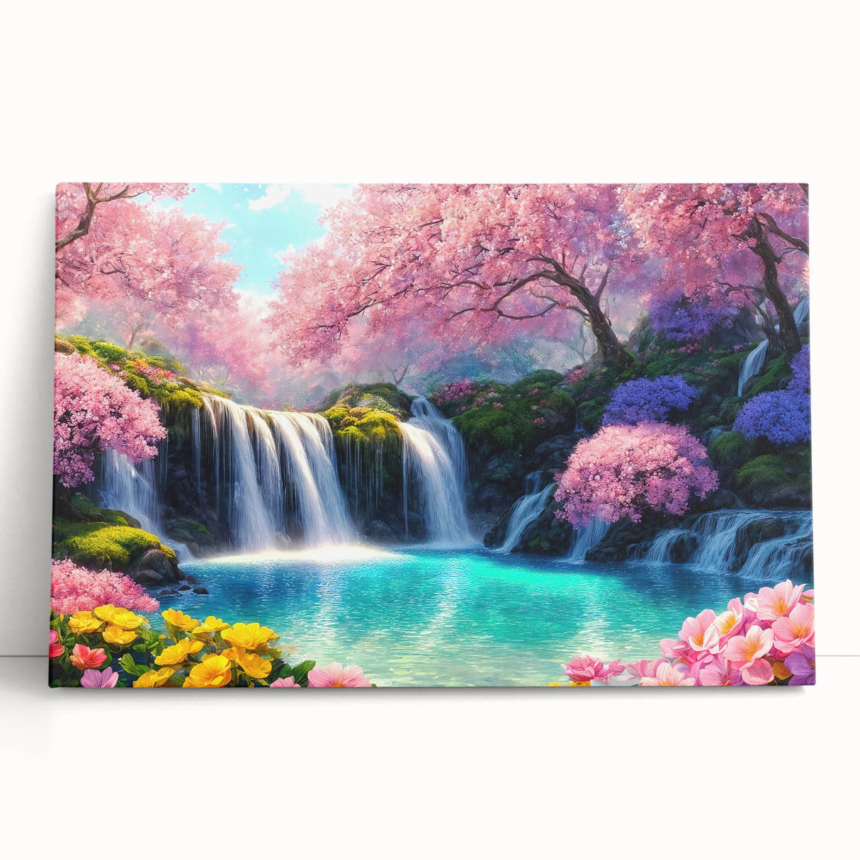 Stretched canvas wall art showcasing a vibrant waterfall landscape design, featuring lush greenery and cascading water, ideal for home decor enhancement.