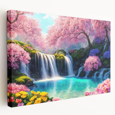 Stretched canvas wall art depicting a vibrant waterfall landscape, showcasing lush greenery and flowing water, ideal for home decor or nature-themed spaces.