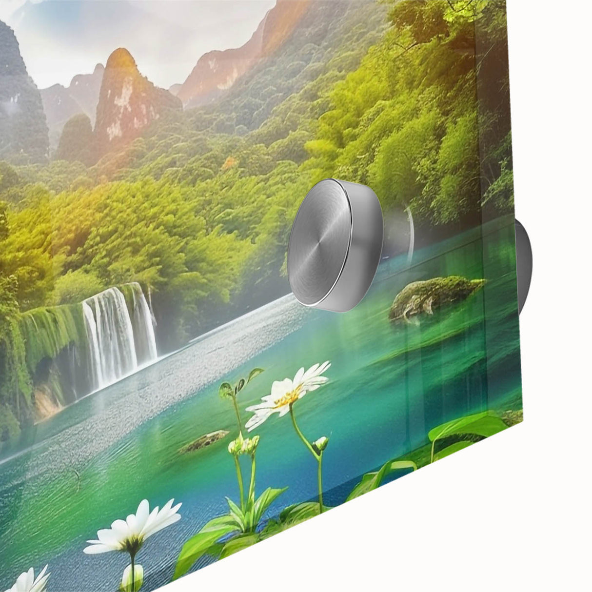 Close-up of a vibrant acrylic glass wall art piece showcasing a stunning waterfall landscape, featuring rich blues and greens, ideal for home decor. This design captures the serene beauty of nature, enhancing any living space.
