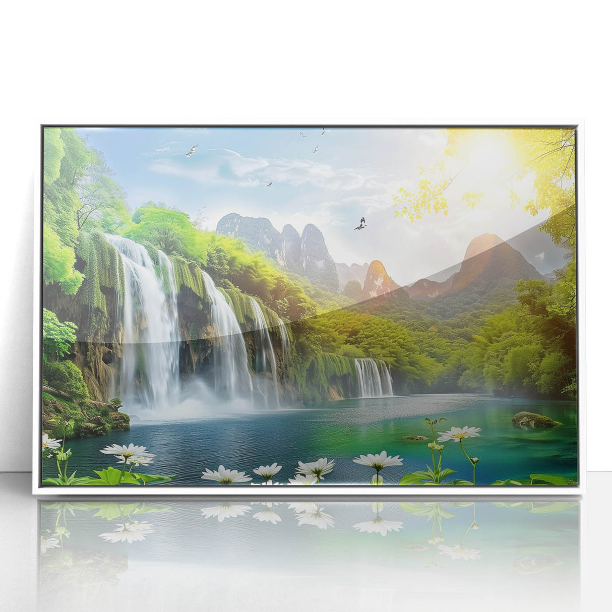 Framed acrylic wall art featuring a serene landscape with a cascading waterfall, designed in a modern aesthetic with a white frame, perfect for home decor.