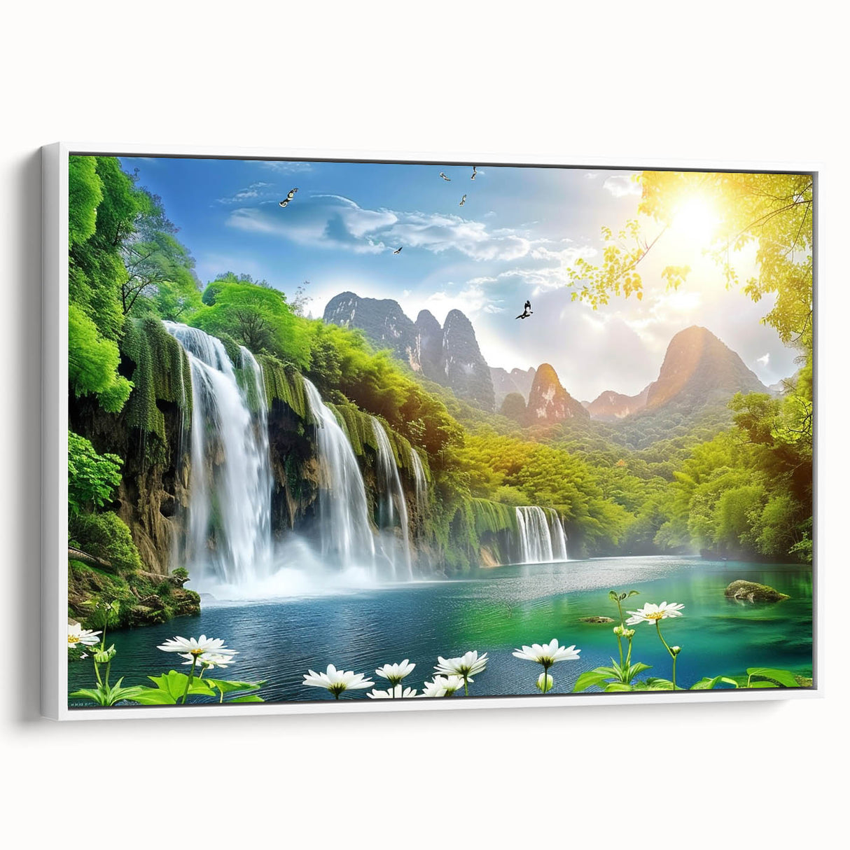 Framed canvas wall art showcasing a serene waterfall landscape in vibrant colors, ideal for home decor. The artwork features a white frame and a side view, emphasizing its elegant design and natural beauty. Perfect for enhancing living spaces with a touch of tranquility.