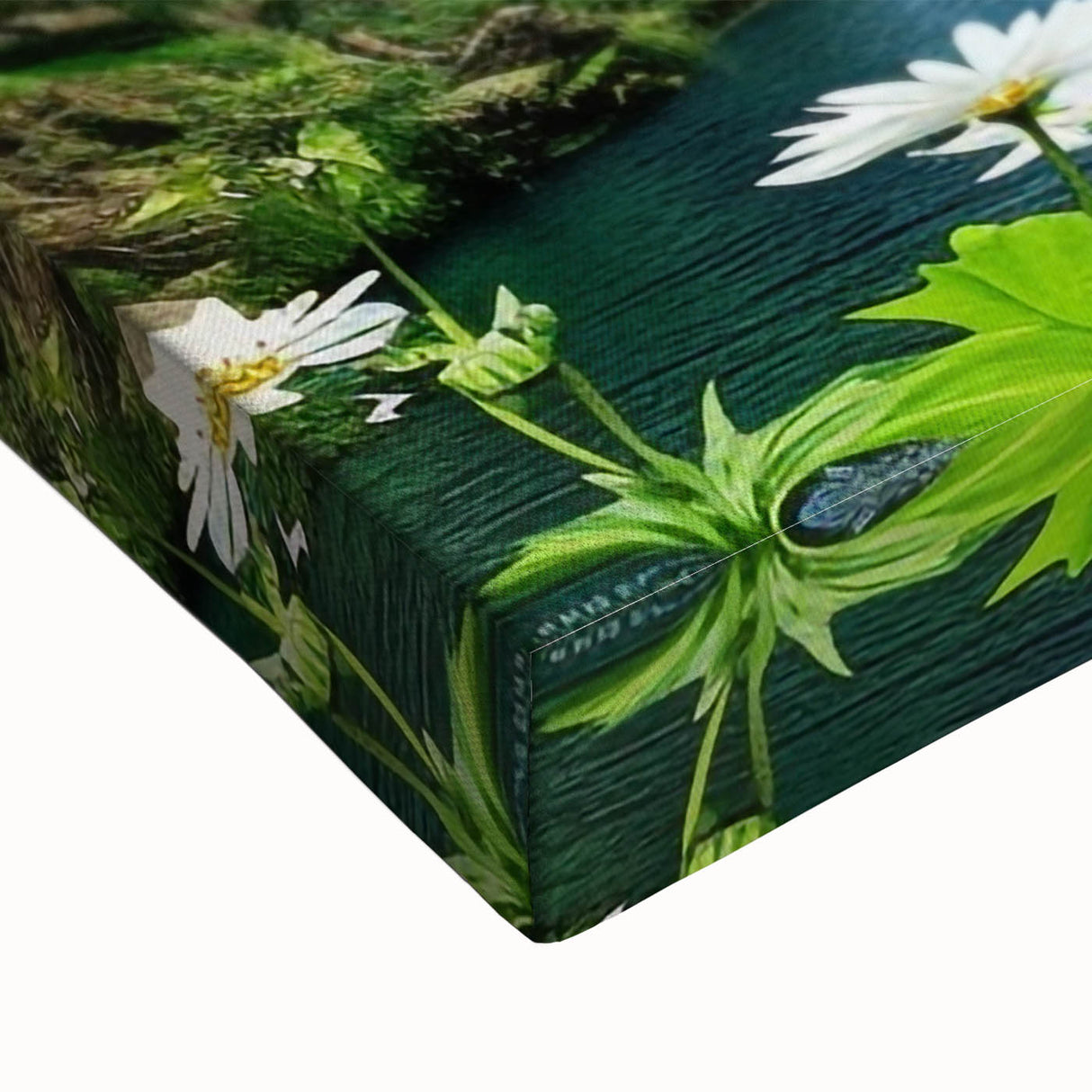 Close-up of a vibrant stretched canvas wall art featuring a stunning waterfall landscape design, showcasing rich colors and intricate details, ideal for home decor.