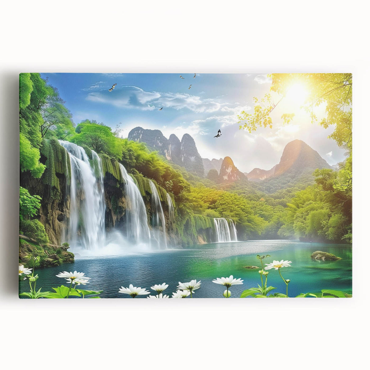 Stretched canvas artwork of a vibrant waterfall landscape, showcasing lush greenery and flowing water, ideal for home decor and nature lovers.
