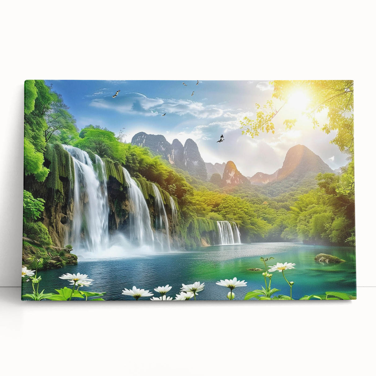Stretched canvas wall art featuring a vibrant waterfall landscape design, showcasing lush greenery and cascading water, perfect for home decor enhancement.
