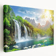 Stretched canvas wall art showcasing a vibrant waterfall landscape, featuring lush greenery and cascading water, ideal for adding a serene touch to home decor.