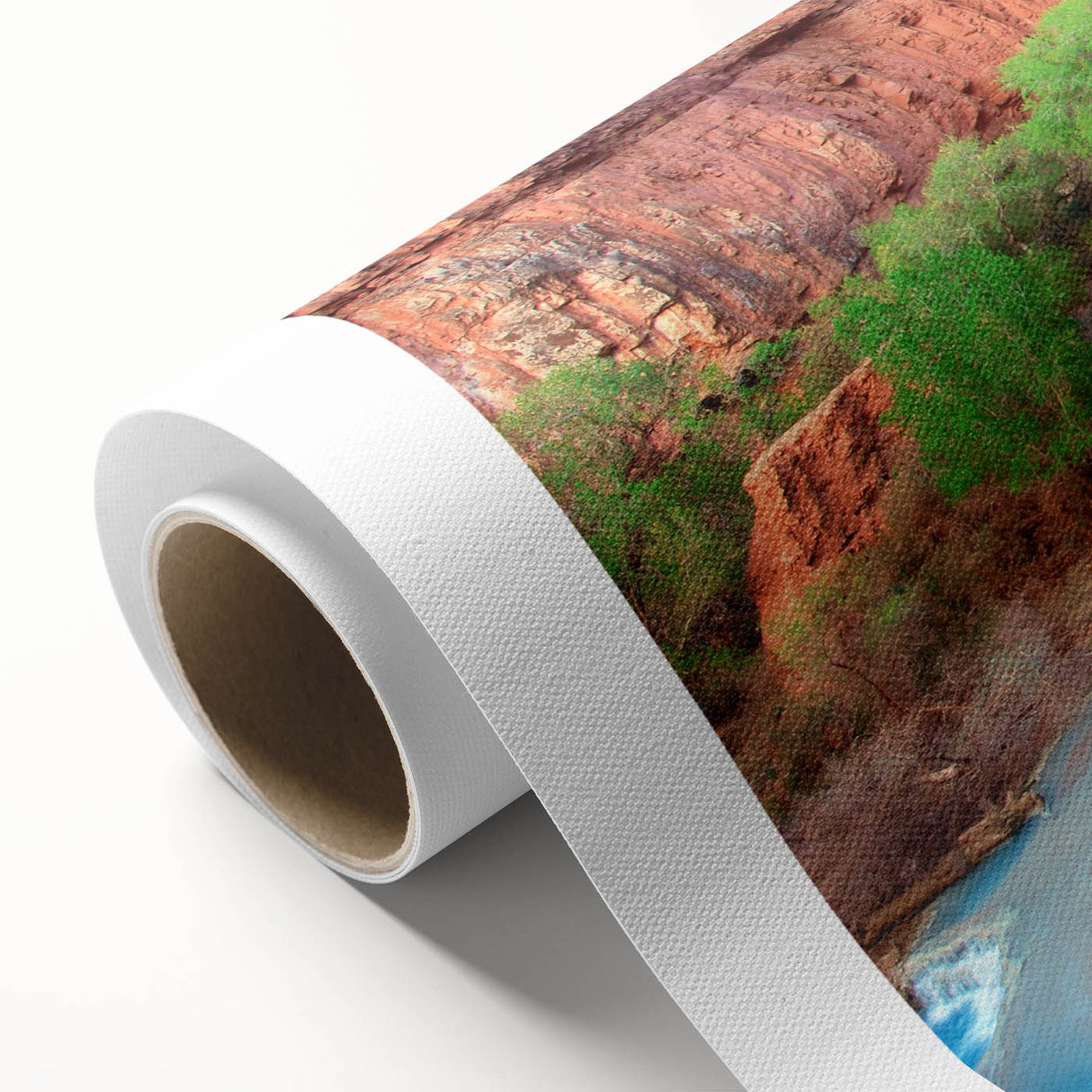 Rolled canvas artwork showcasing a stunning waterfall landscape design, featuring vibrant colors and intricate details, perfect for home decor or artistic inspiration.