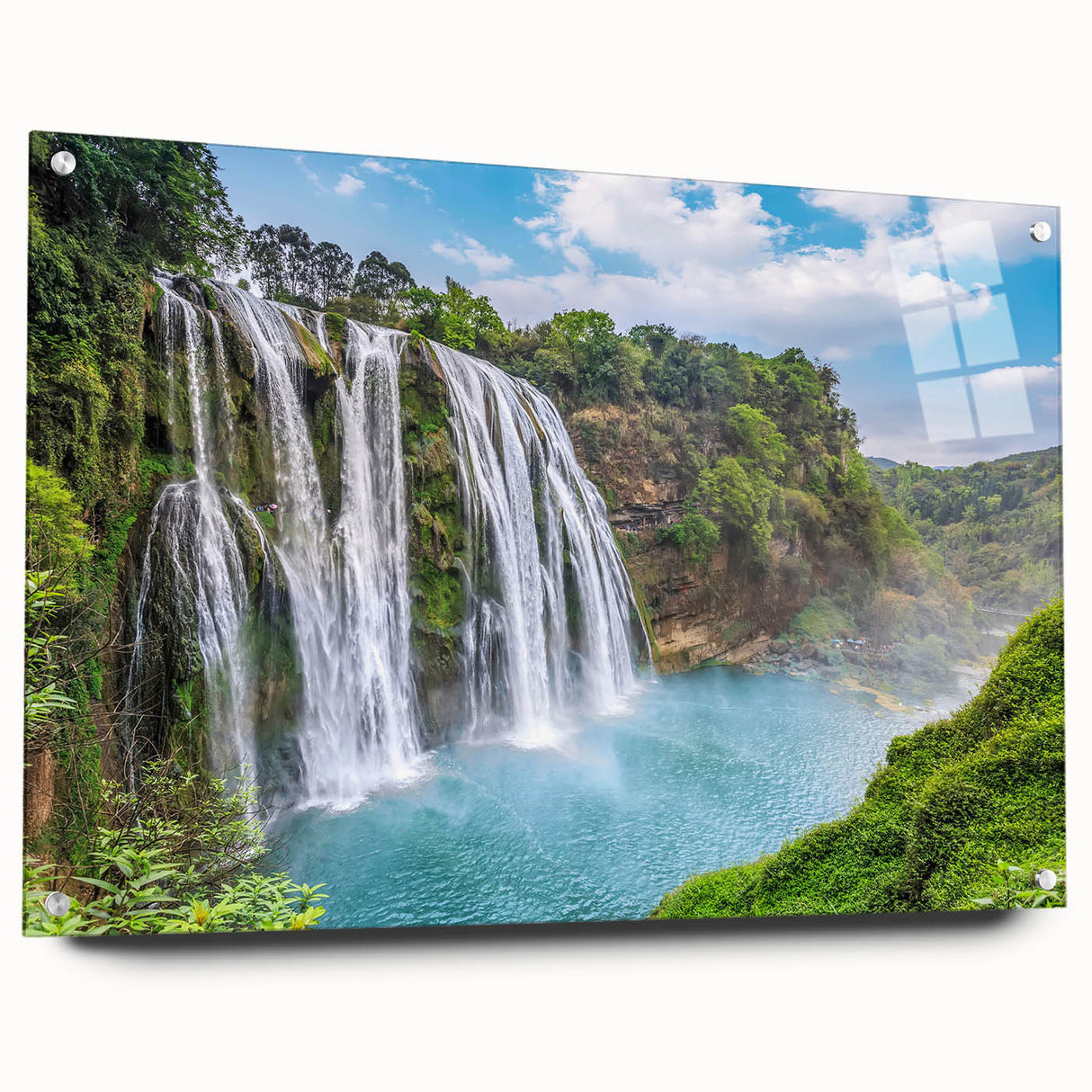 Acrylic wall art collection showcasing a vibrant waterfall landscape design, displayed in a modern setting with stylish pins, highlighting vivid colors and textures.