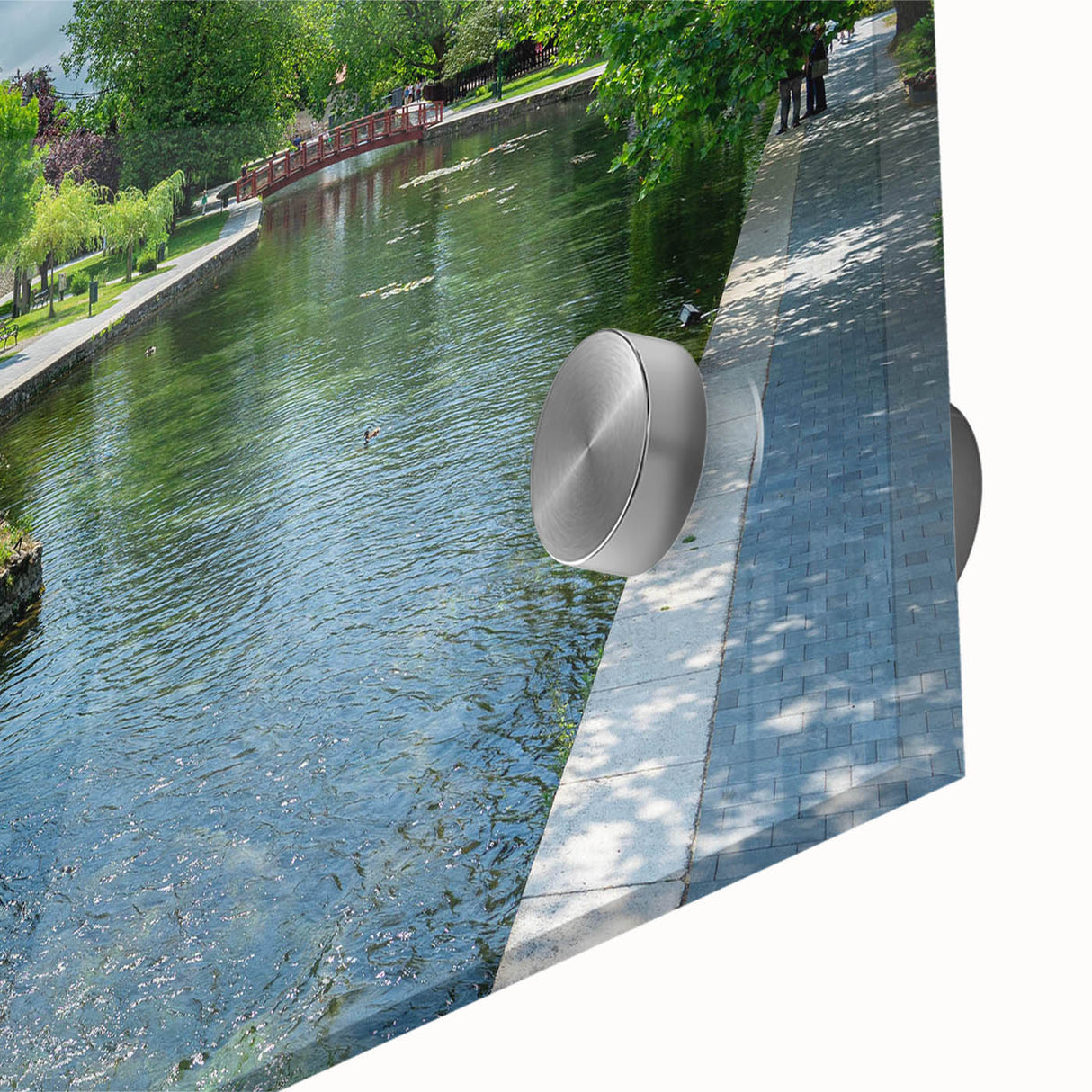 Close-up of a vibrant acrylic glass art piece showcasing a serene watermill landscape, featuring lush greenery and a tranquil river, ideal for home decor.