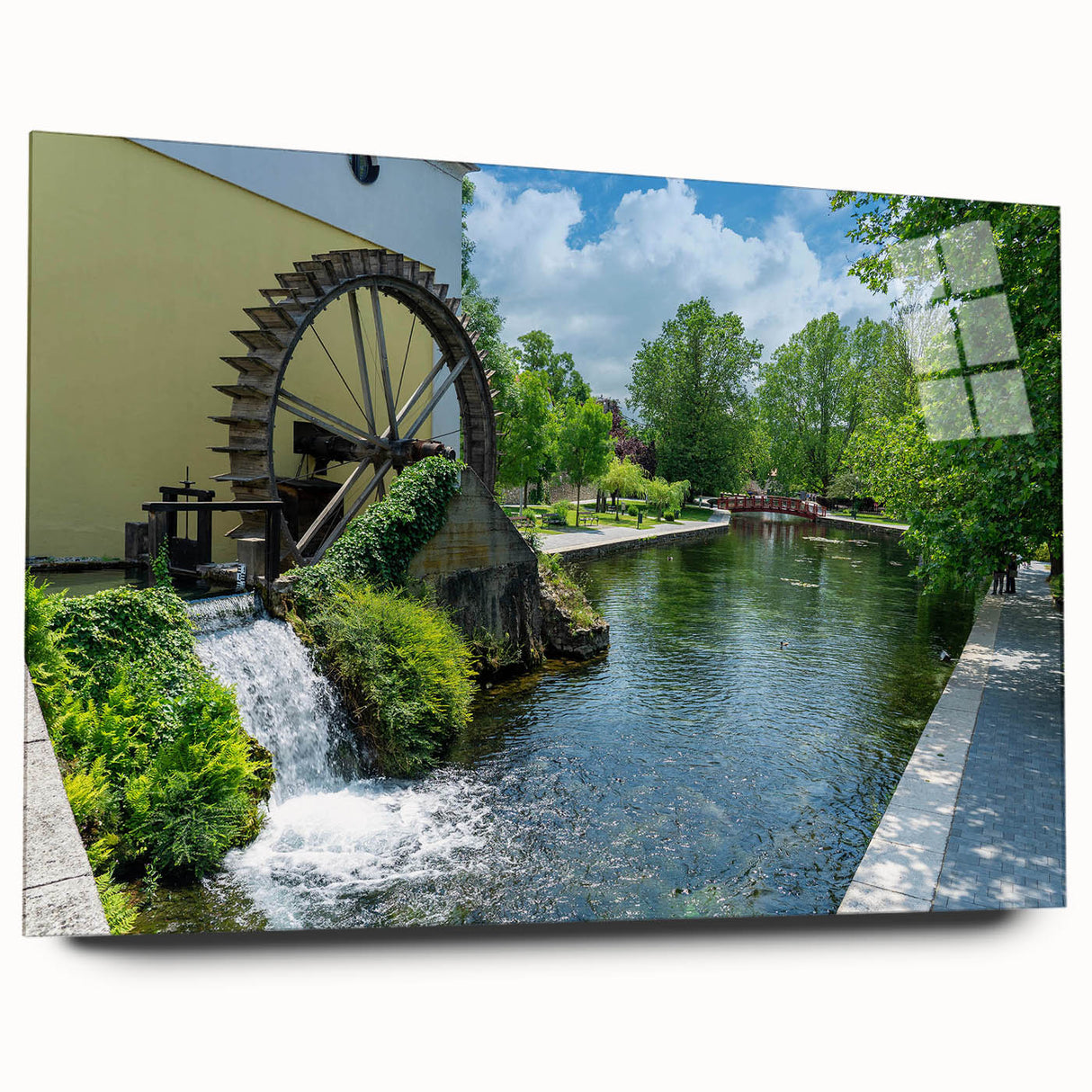 Acrylic glass wall art featuring a serene landscape of a tranquil watermill, showcasing vibrant colors and intricate details, perfect for home decor.