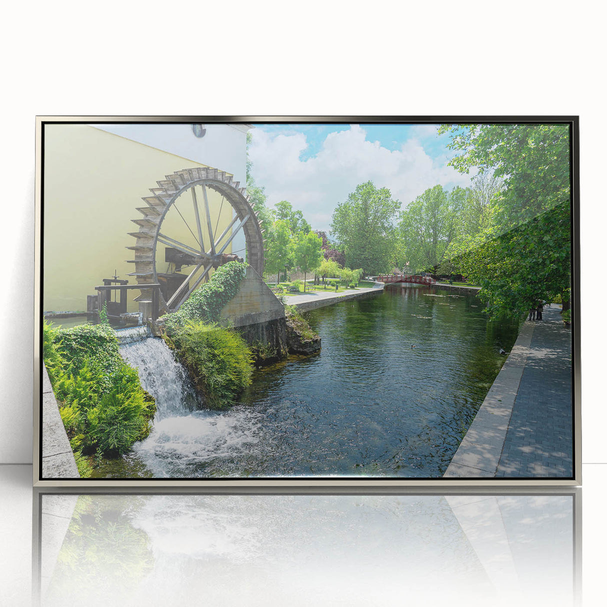 Framed acrylic wall art featuring a serene watermill landscape design, showcasing soft colors and intricate details, ideal for home decor enhancement.
