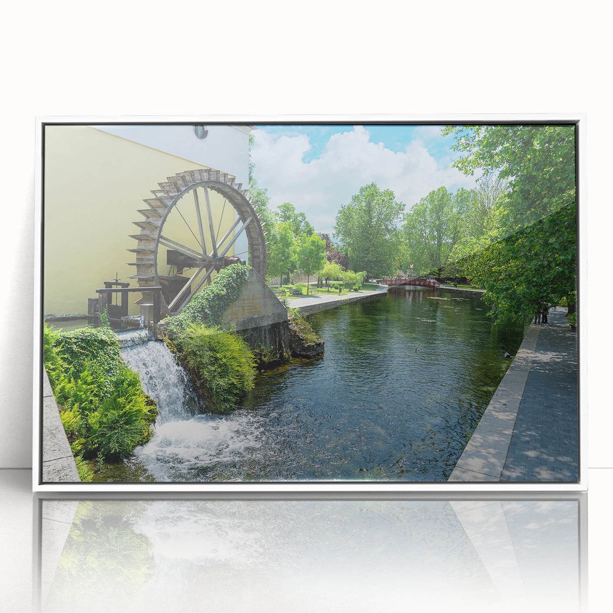Framed acrylic wall art showcasing a serene watermill landscape design, featuring soft colors and intricate details, perfect for enhancing home decor aesthetics.