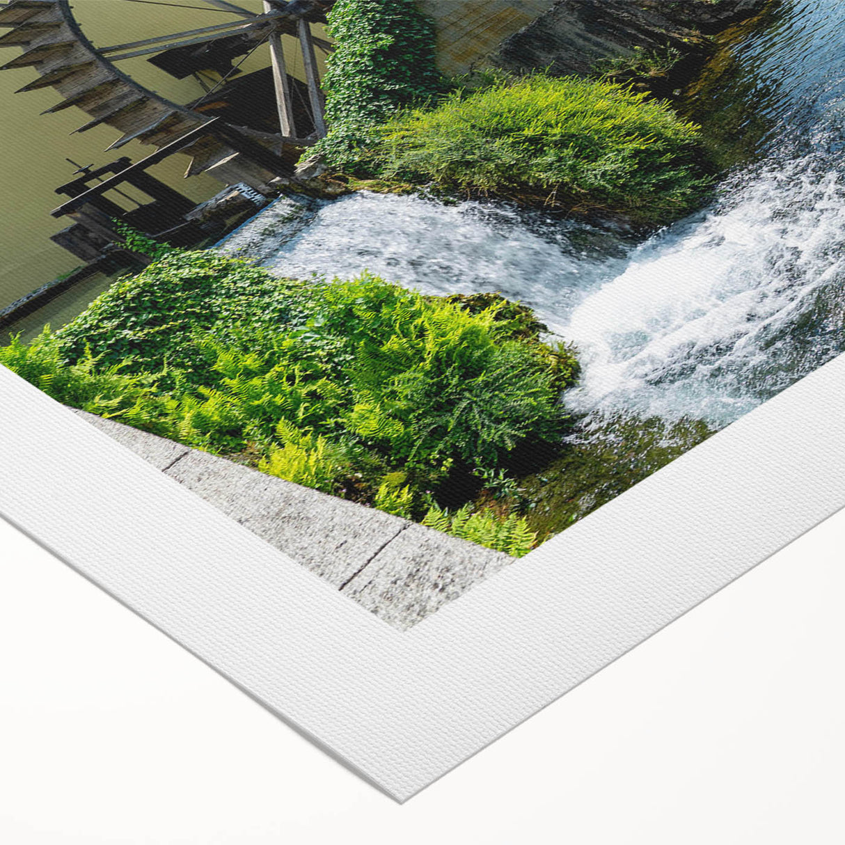 Rolled canvas wall art showcasing a serene landscape of watermills, featuring vivid colors and detailed textures, perfect for home decor.
