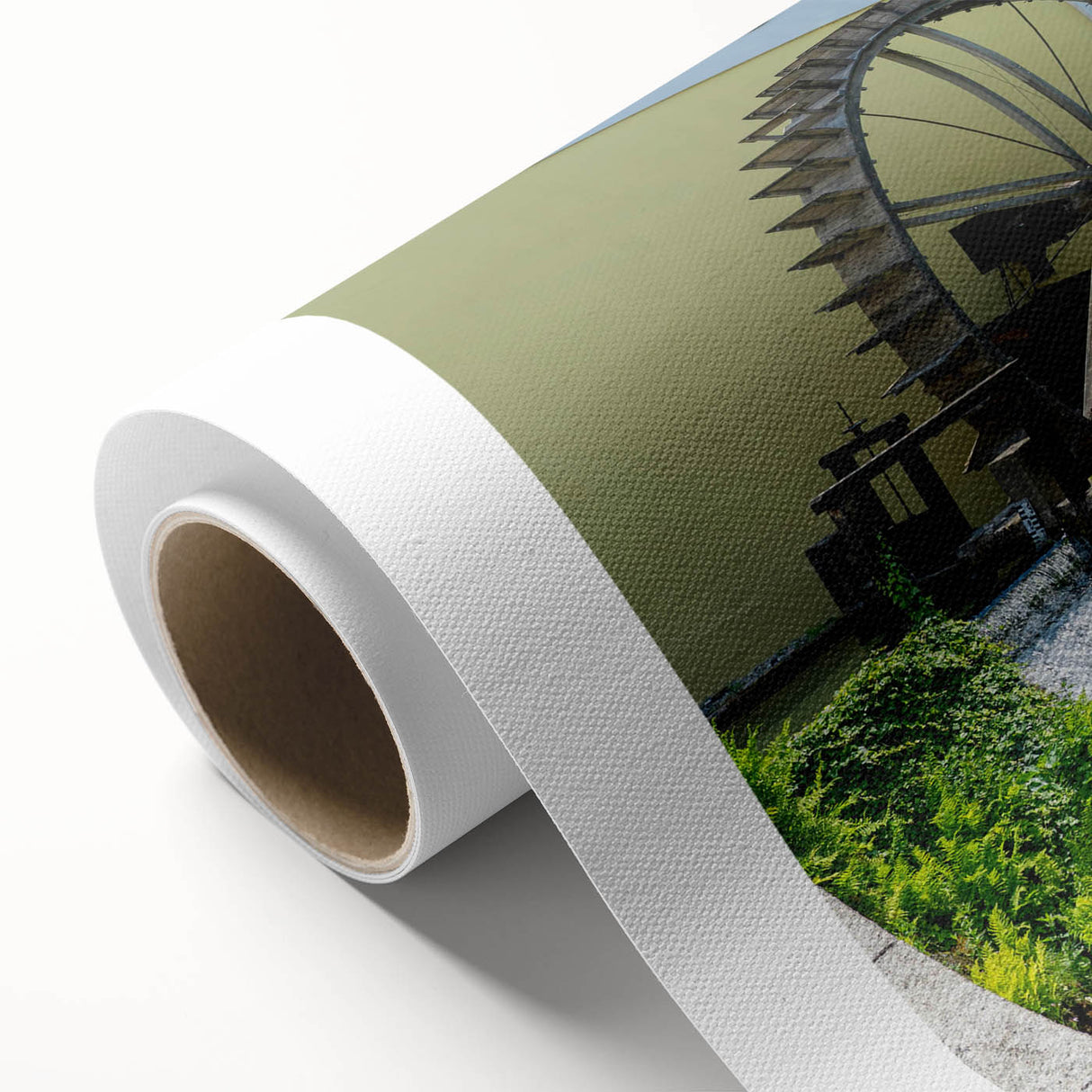 Rolled canvas wall art depicting a serene watermill landscape, showcasing vibrant greens and blues, perfect for enhancing home decor with nature-inspired elegance.