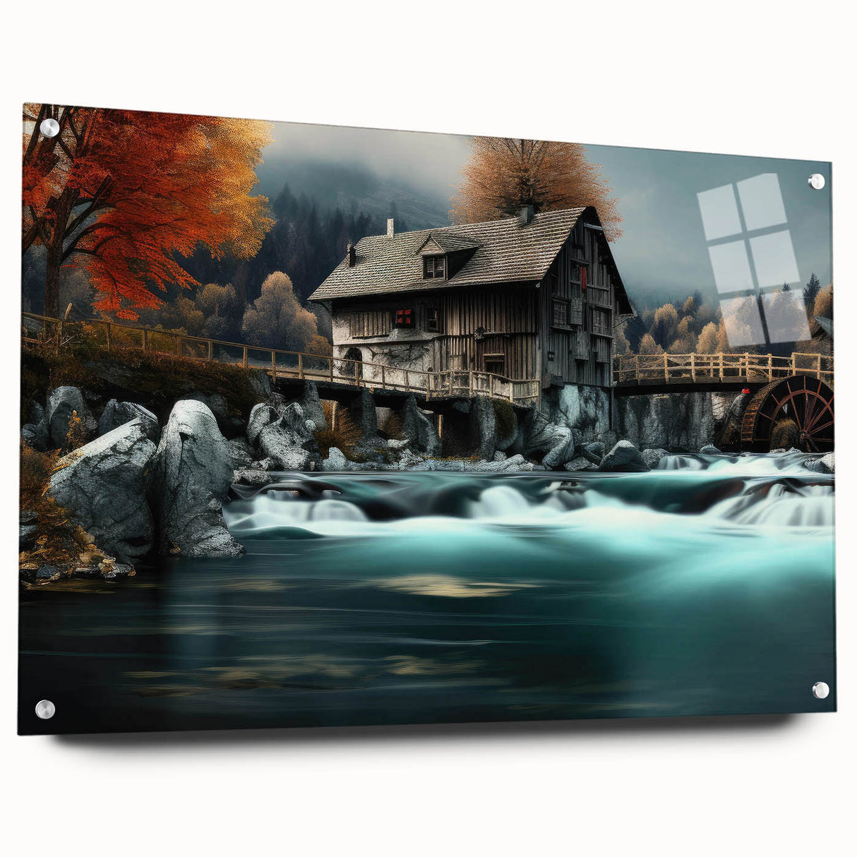Acrylic glass wall art featuring a serene watermill landscape design, showcasing vibrant colors and intricate details, ideal for home decor and artistic enhancement.