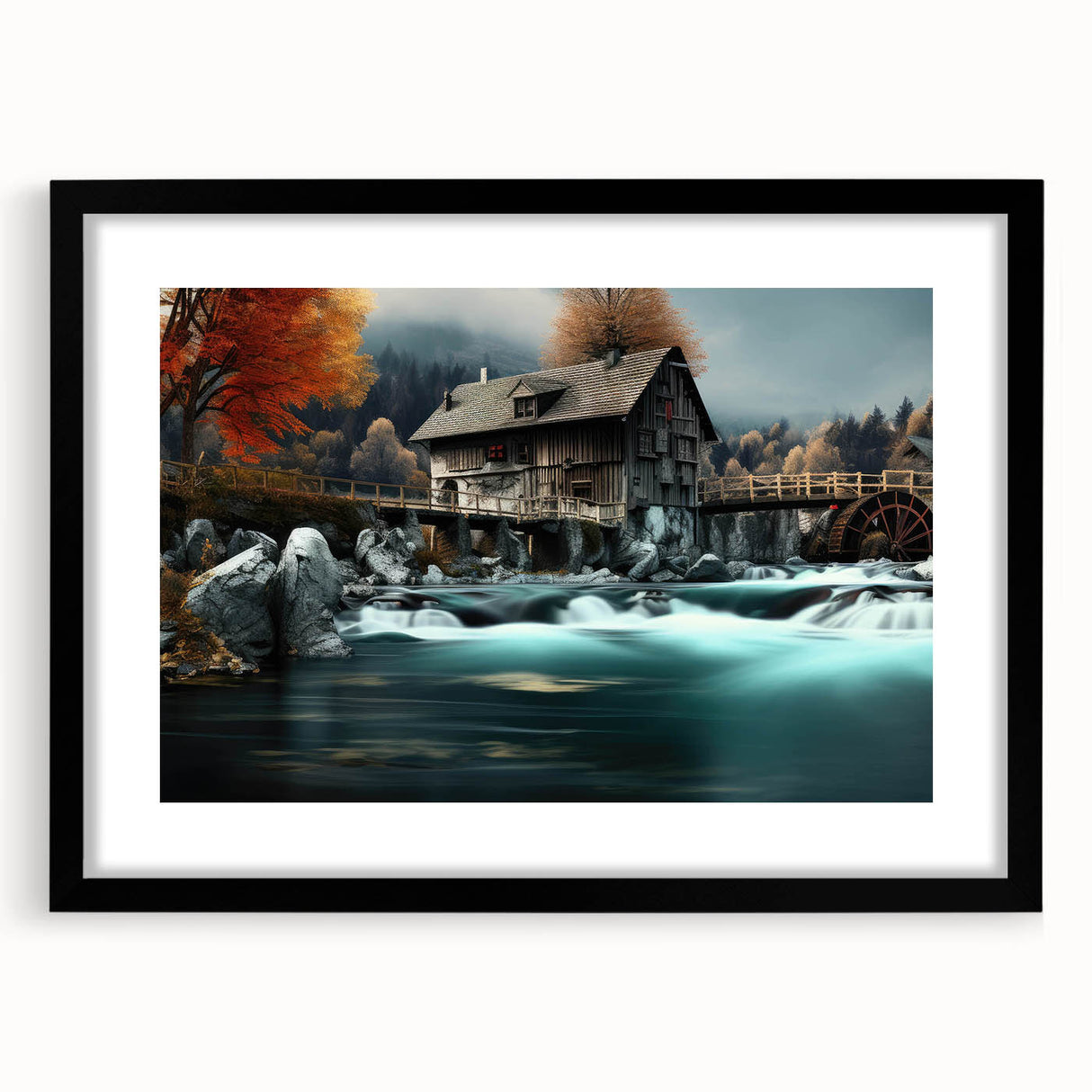 Framed wall art showcasing a tranquil watermill landscape design in a black frame with a mat, perfect for adding sophistication to home decor.