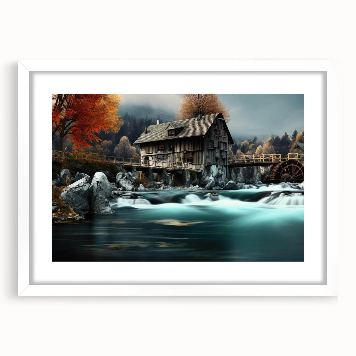 Framed wall art showcasing a serene landscape with a watermill, presented in a white mat and wooden frame for an elegant touch, enhancing home decor aesthetics.