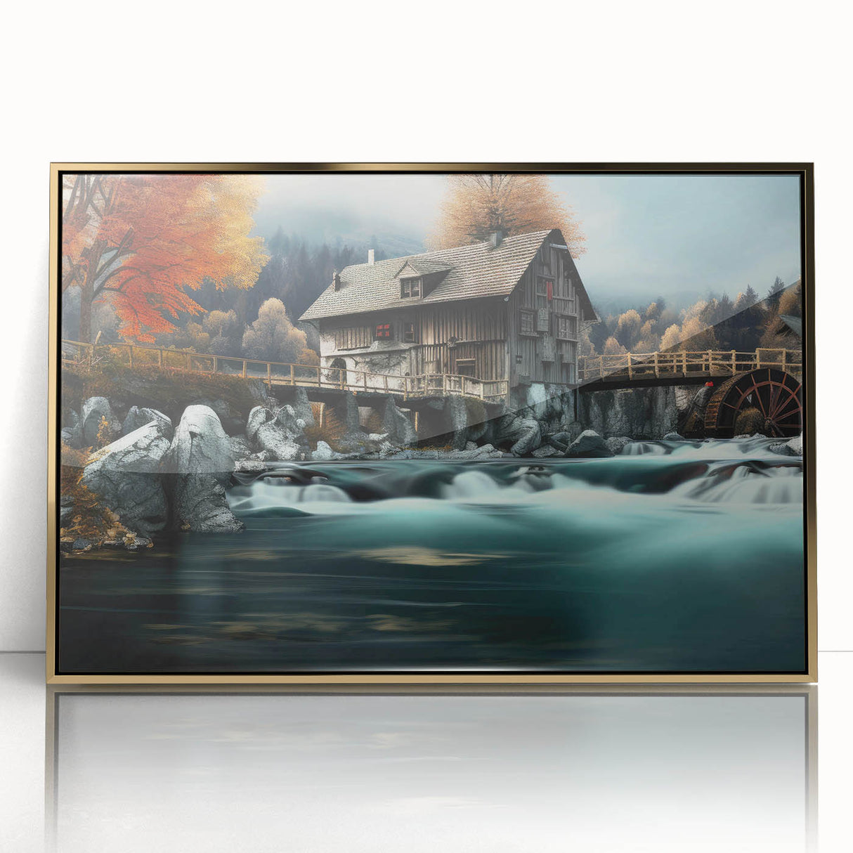 Framed acrylic wall art featuring a serene watermill landscape design with gold accents, ideal for enhancing home decor with a touch of elegance.
