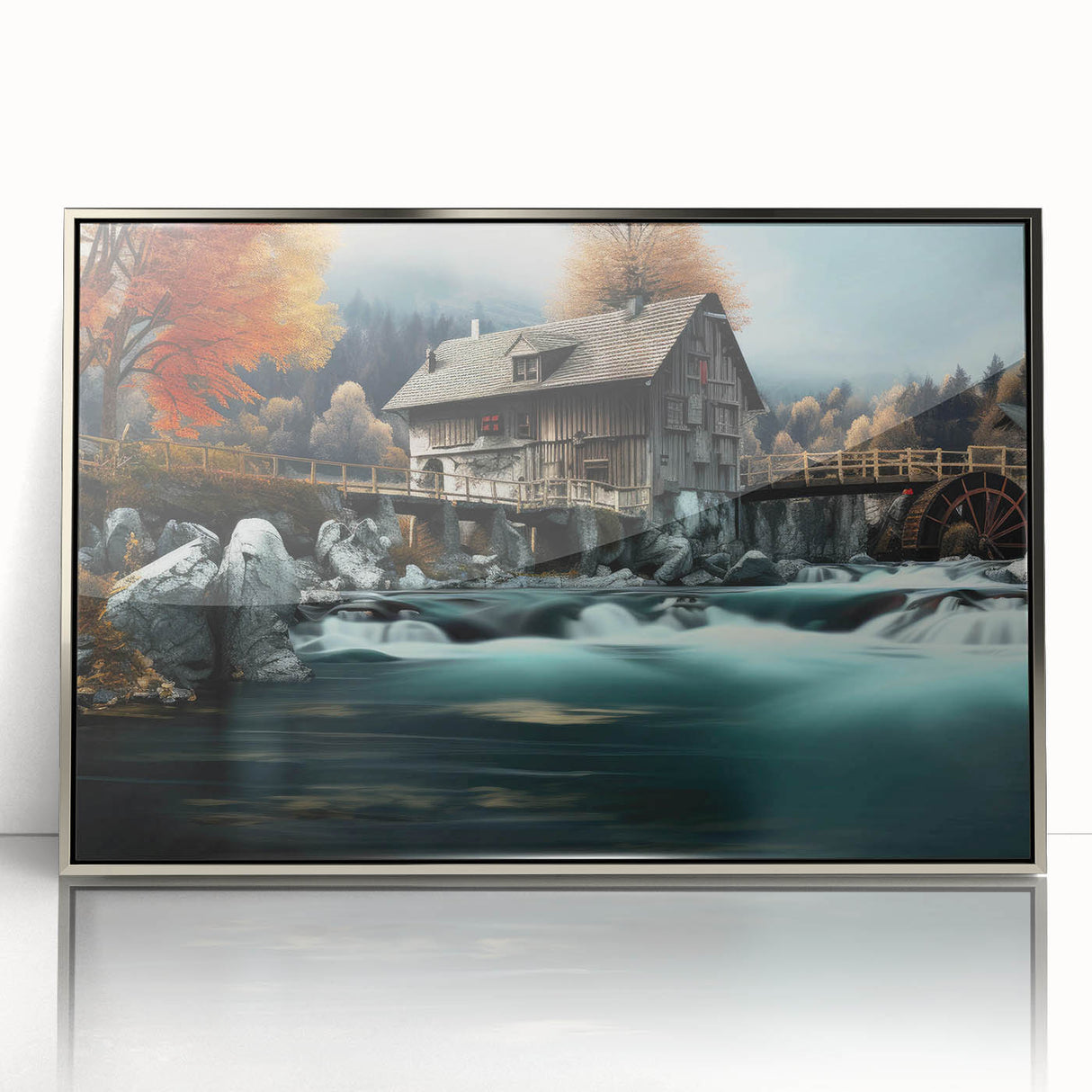 Framed acrylic wall art featuring a serene watermill landscape design with silver accents, ideal for enhancing home decor and creating a tranquil atmosphere.