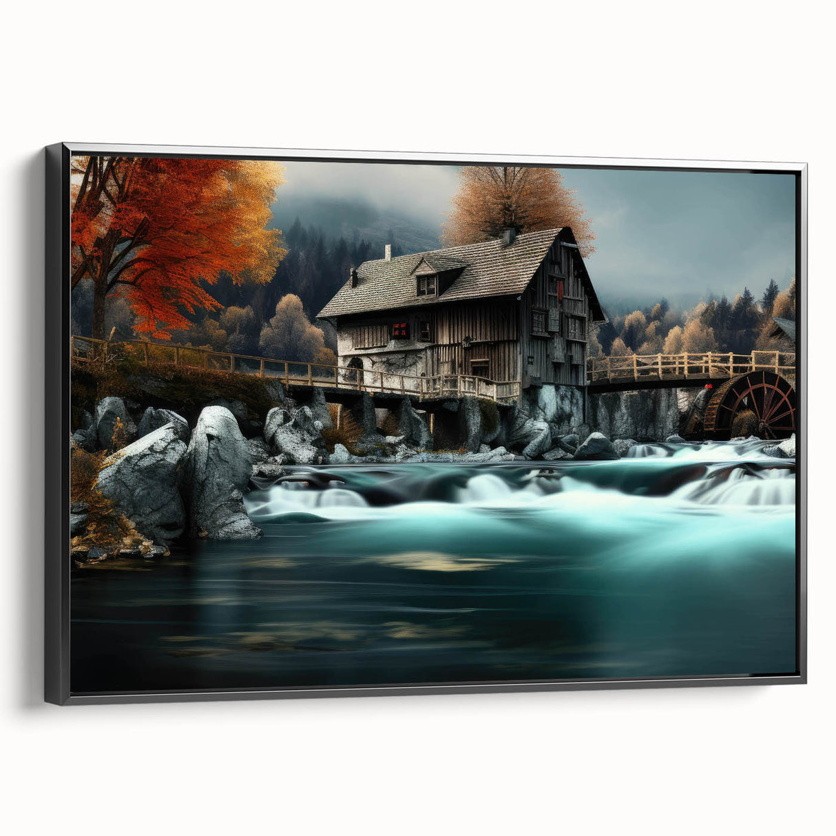 Framed canvas wall art showcasing a serene watermill landscape with rich green trees and a serene blue sky, displayed from a black side view, ideal for home decor.