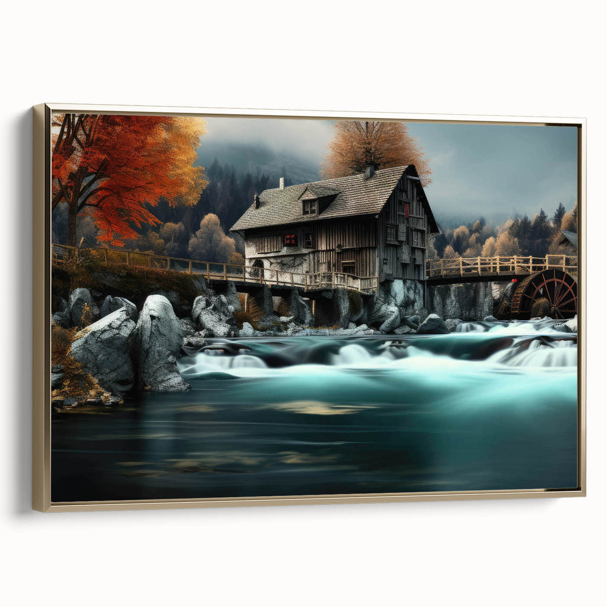 Framed canvas wall art showcasing a serene watermill landscape design, highlighted by a gold frame, perfect for enhancing home decor with nature's tranquility.