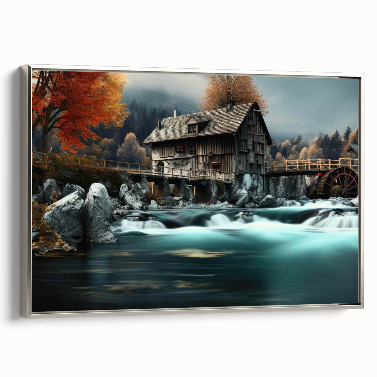 Framed canvas wall art showcasing a serene landscape of a watermill, with silver accents and a side view that highlights its elegant design, perfect for home decor.