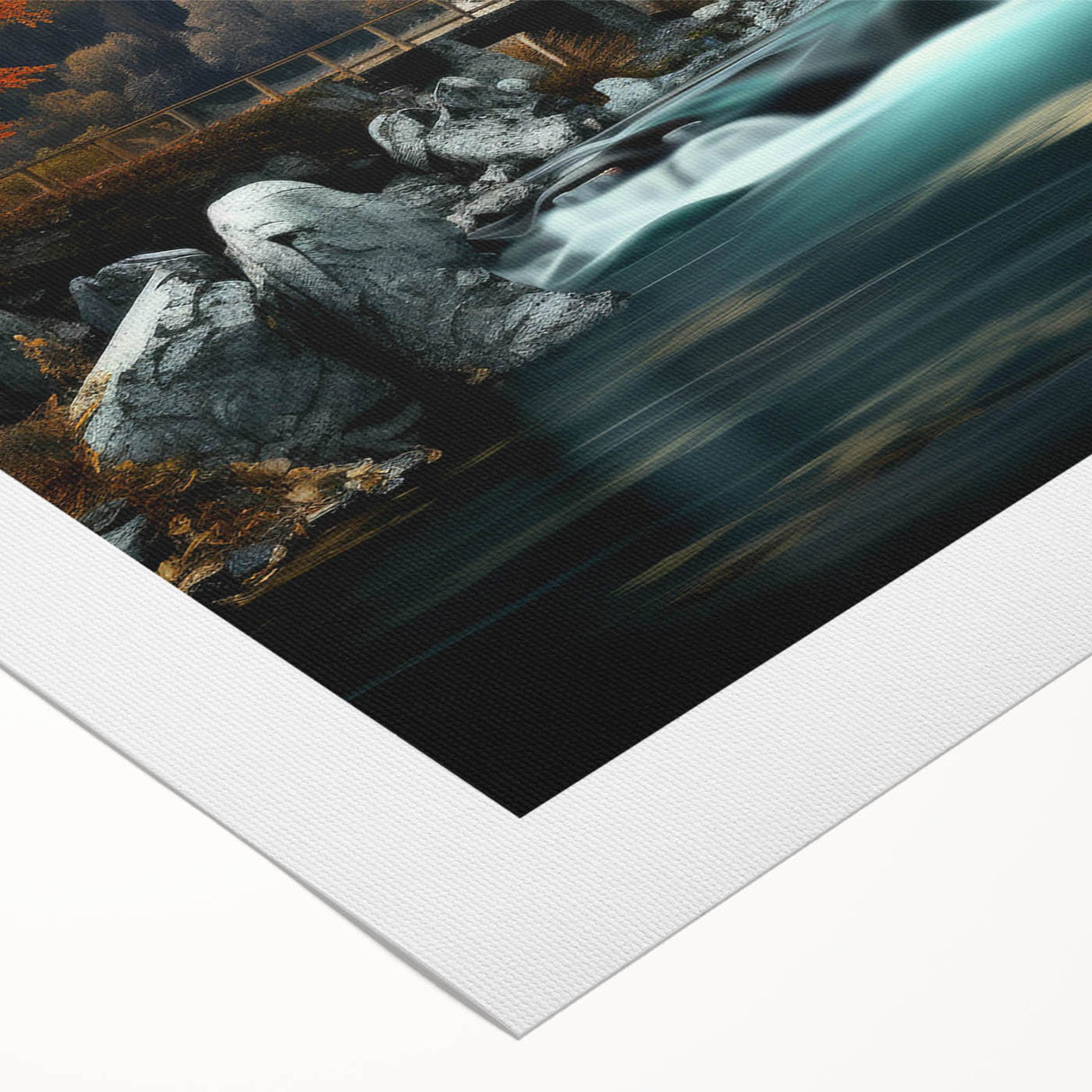 Rolled canvas showcasing a serene landscape featuring a watermill surrounded by lush greenery, ideal for home decor. The vibrant colors enhance any interior space.