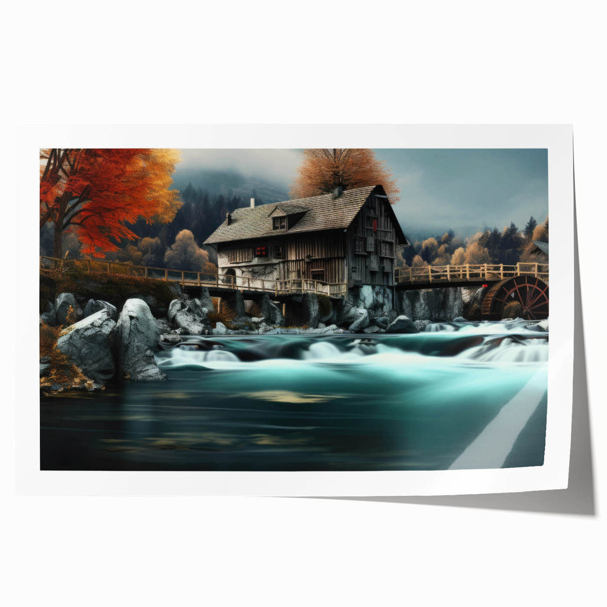 Colorful rolled print of a serene landscape featuring a watermill, surrounded by lush greenery, perfect for home decor and art collection enthusiasts.