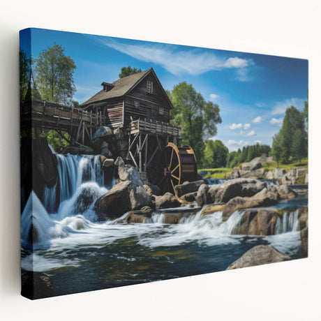 Stretched canvas wall art showcasing a serene watermill landscape, featuring vibrant colors and intricate details, ideal for home decor. The piece captures the essence of nature and tranquility, perfect for creating a calming atmosphere in any room.