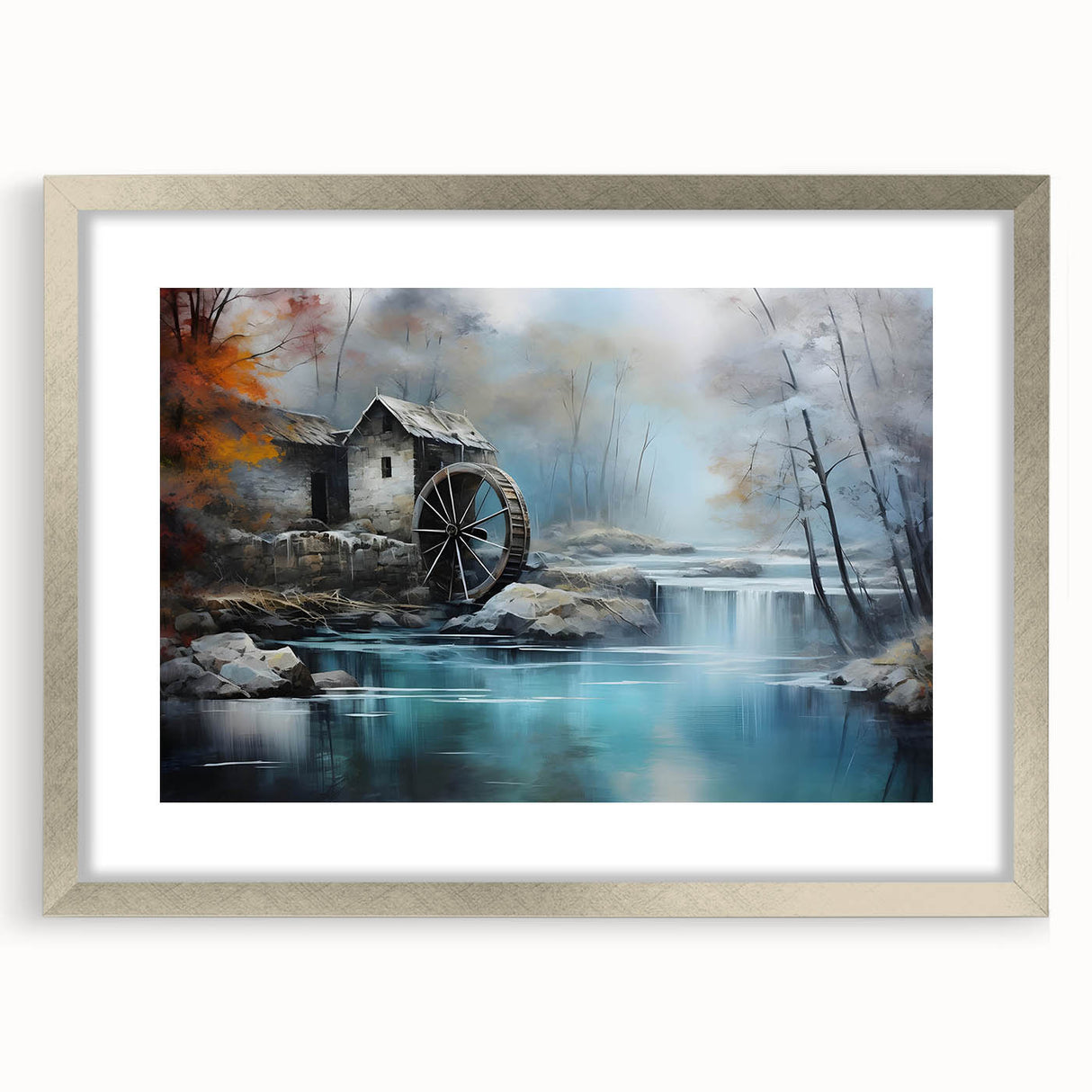 Framed wall art collection featuring a serene landscape design with watermills, set in a silver frame with a mat, ideal for home decor enhancement. The artwork showcases soft colors and intricate details, perfect for adding a calming touch to any room.