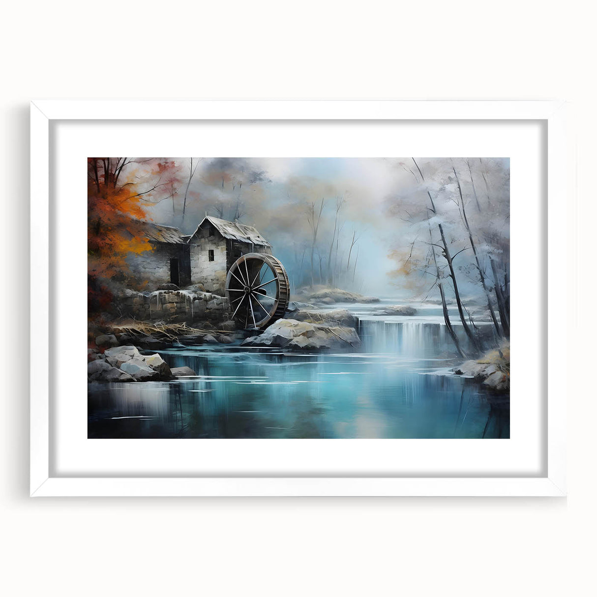 Framed landscape wall art collection featuring serene watermill scenes, with a white mat and decorative frame, perfect for enhancing home decor aesthetics.