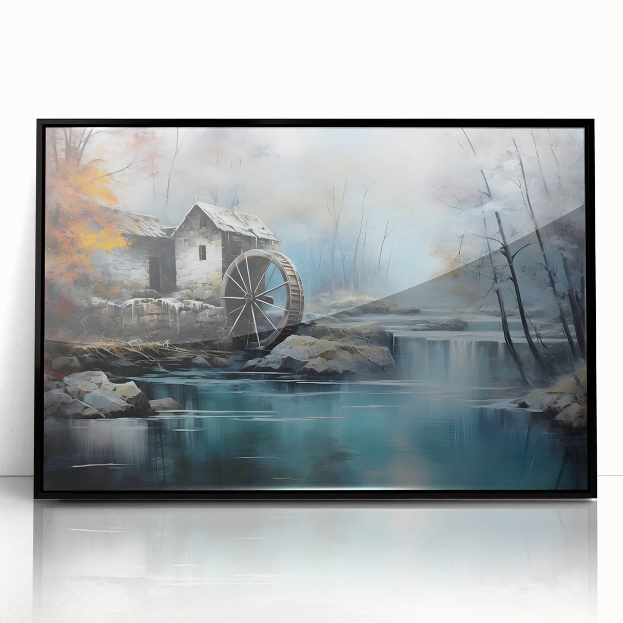 Framed acrylic wall art featuring a serene watermill landscape design in rich colors, set in a sleek black frame, ideal for enhancing home decor.