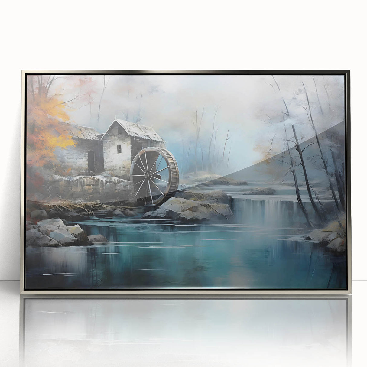 Framed acrylic wall art featuring a serene landscape of watermills, showcasing intricate details and a silver frame, perfect for home décor enhancement. Ideal for nature lovers and art enthusiasts seeking elegant wall designs.