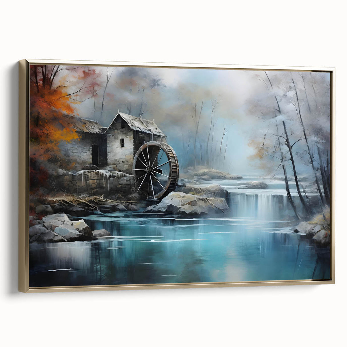 Framed canvas wall art showcasing a serene landscape with watermills, featuring a gold frame and vibrant colors, ideal for home decor enhancement.