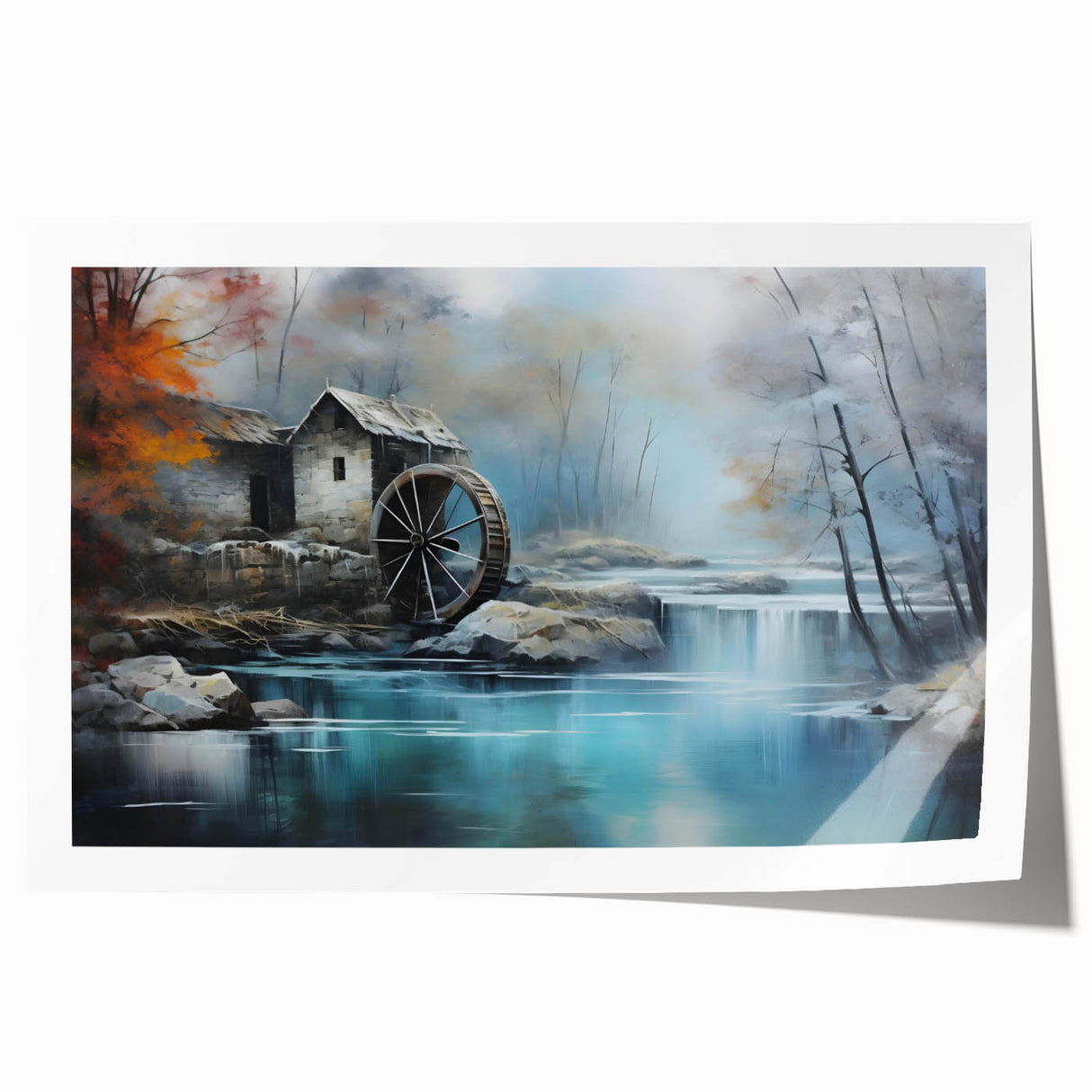 Rolled print of serene watermill landscape wall art featuring lush greenery and a tranquil river setting, ideal for home decor or office ambiance, packaged securely for delivery.
