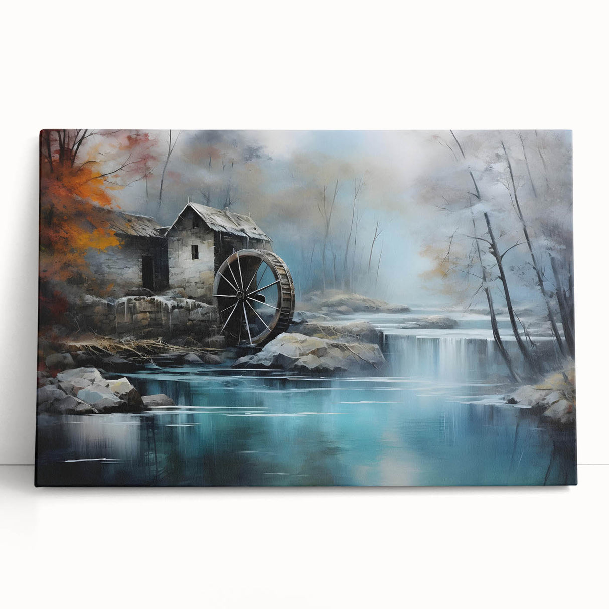 Stretched canvas wall art showcasing a serene landscape design with watermills, featuring soft blue and green hues, ideal for home decor and aesthetic enhancement.