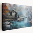 Stretched canvas wall art showcasing a serene watermill landscape design, featuring soft blues and greens, perfect for home decor. Ideal for nature lovers.