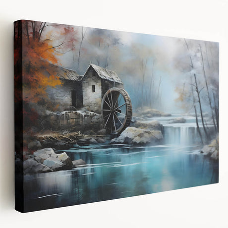 Stretched canvas wall art showcasing a serene watermill landscape design, featuring soft blues and greens, perfect for home decor. Ideal for nature lovers.