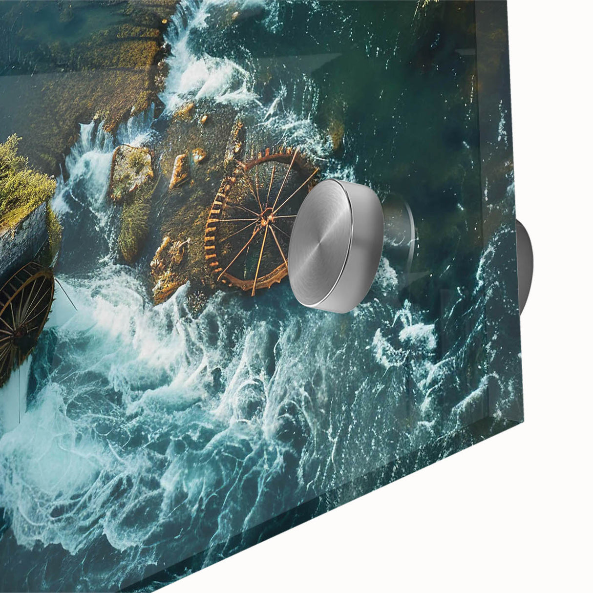 Close-up of a vibrant acrylic glass wall art piece showcasing a serene watermill landscape design, perfect for enhancing home decor with natural beauty.
