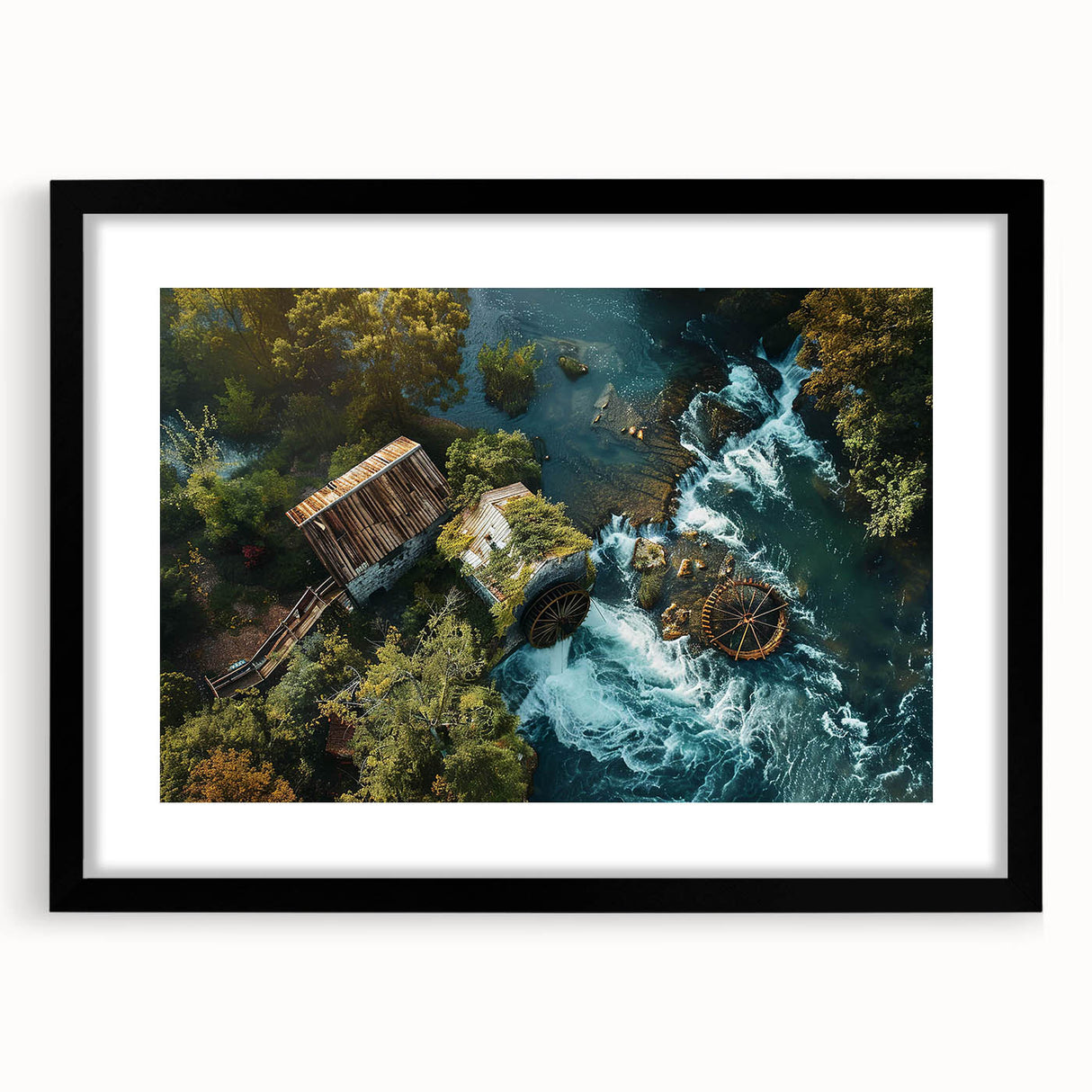 Framed wall art collection featuring a serene landscape scene with a watermill, presented in a sleek black frame with white matting, enhancing any decor.