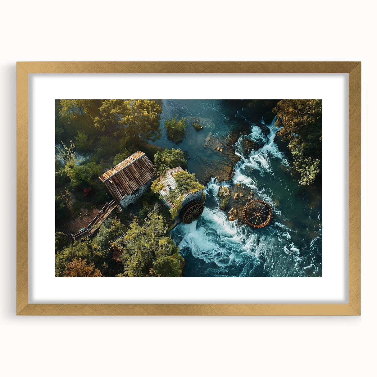 Elegant gold-framed wall art collection featuring serene watermill landscapes, showcasing intricate details and vibrant colors, perfect for home decor.