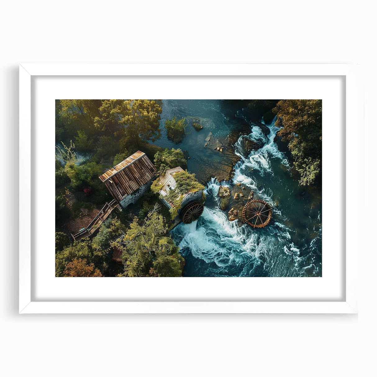 Framed landscape wall art collection showcasing serene watermill scenery, featuring a white mat and elegant frame, perfect for enhancing interior decor.