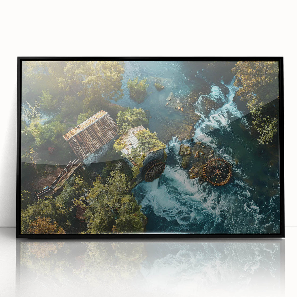 Framed wall art collection showcasing a serene landscape of watermills, featuring a black frame and acrylic finish, perfect for modern home decor.