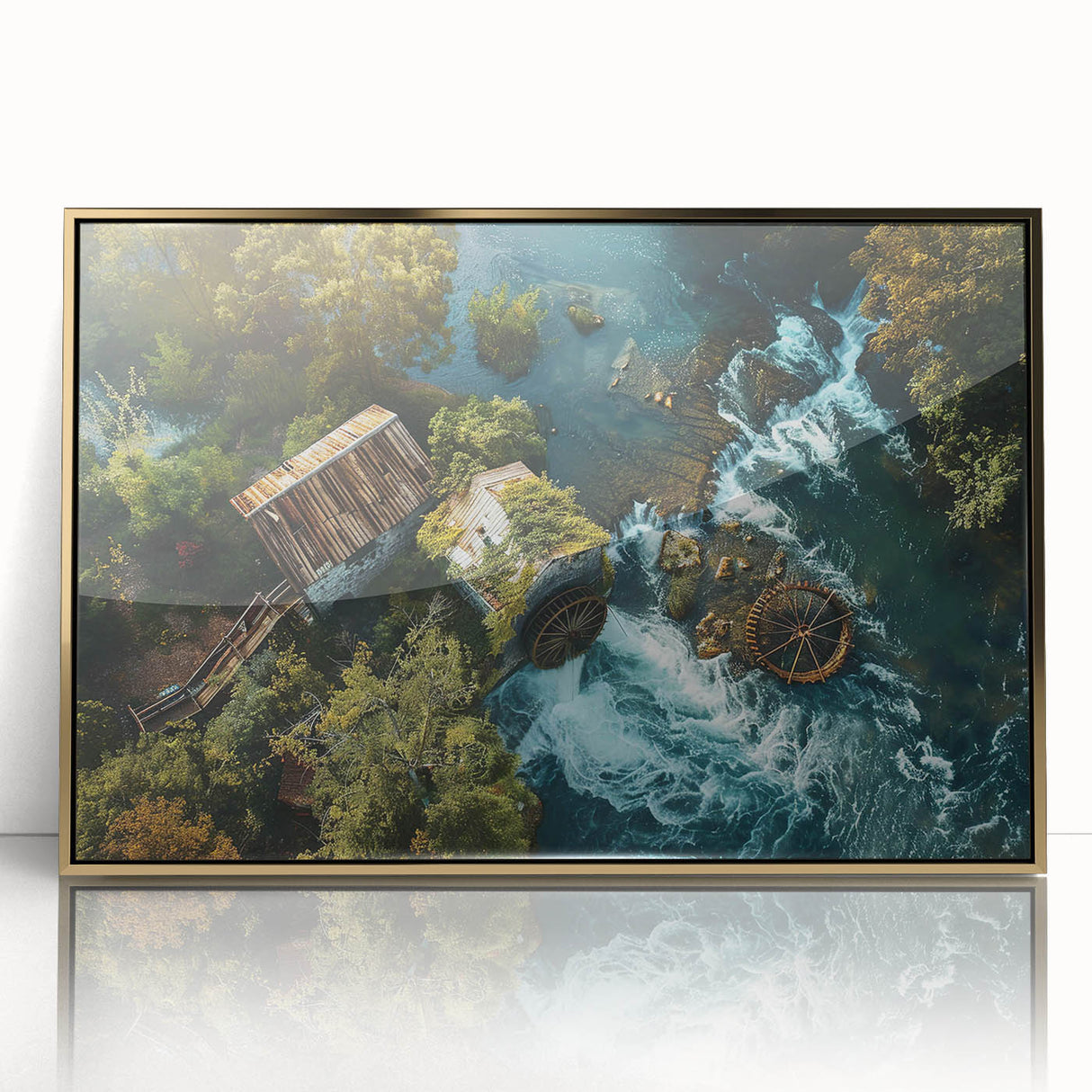 Framed wall art collection showcasing a serene watermill landscape design with gold accents, perfect for enhancing home decor in modern living spaces.