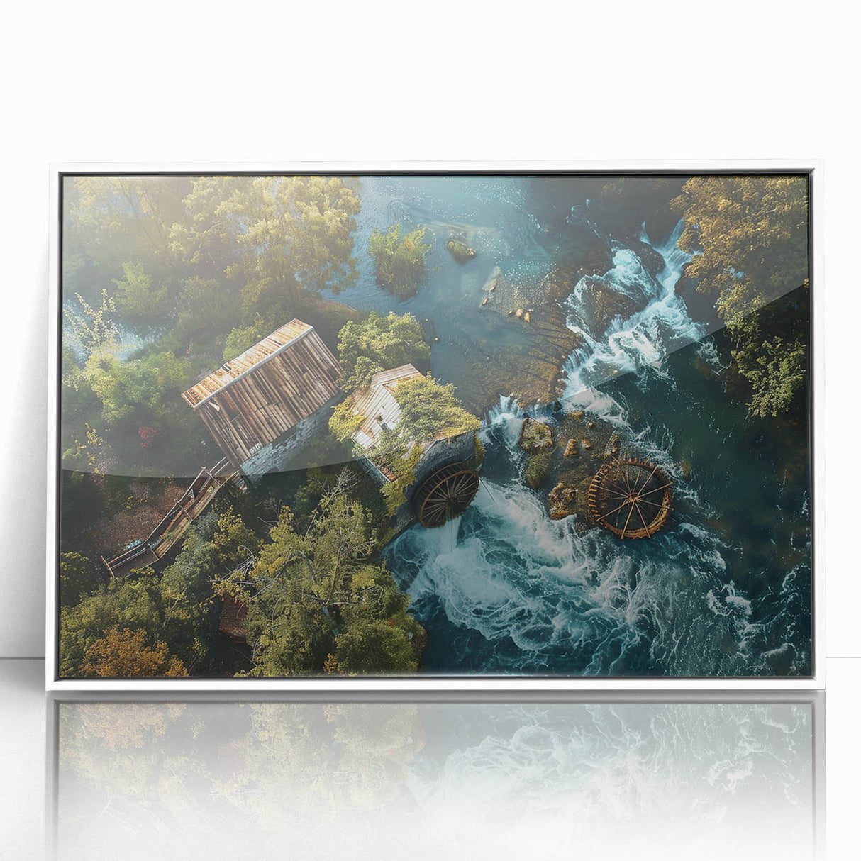 Framed wall art collection showcasing a serene landscape design featuring watermills, set against a white background with acrylic framing, perfect for home decor.
