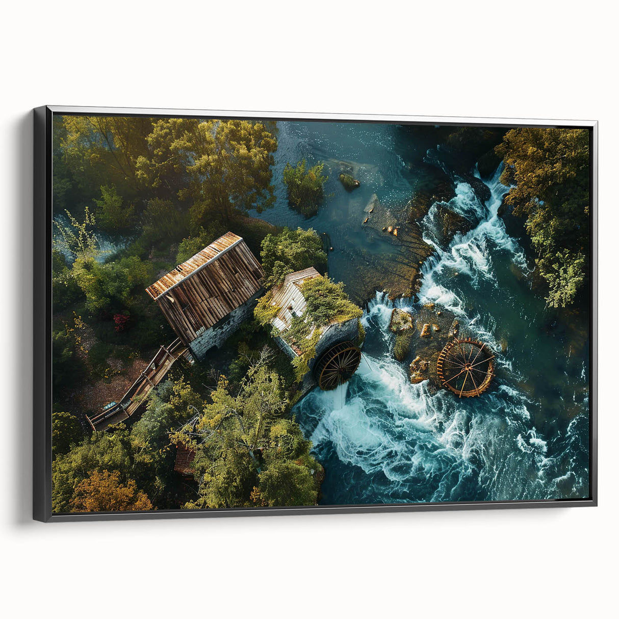 Framed canvas wall art featuring a serene watermill landscape design, presented in a sleek black frame, showcasing vibrant colors and intricate details for modern decor.