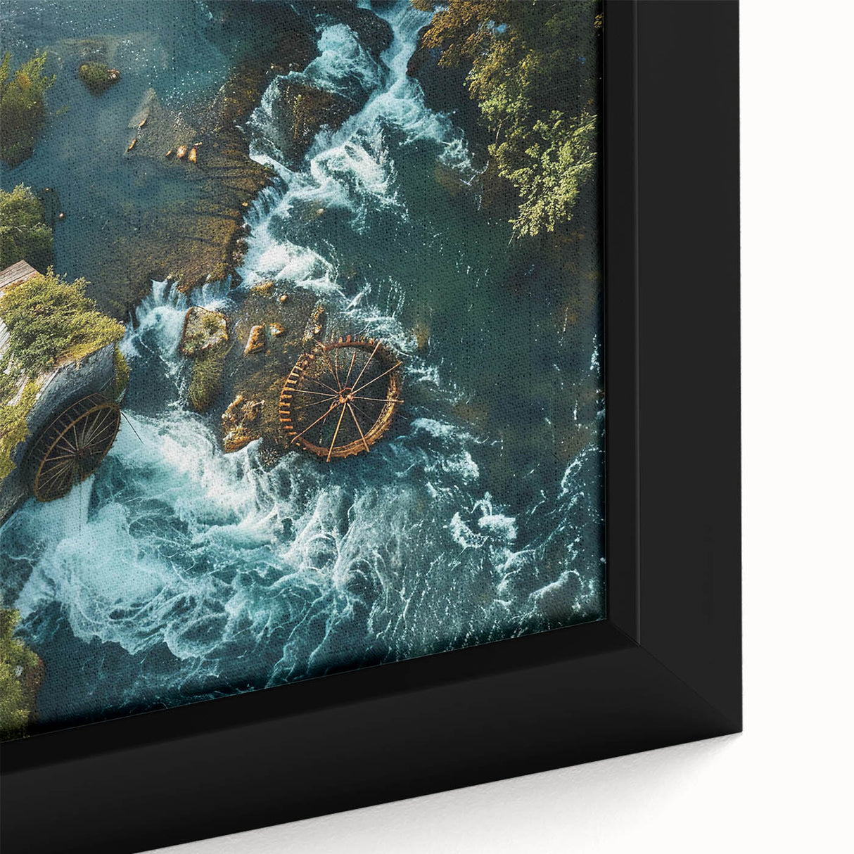 Framed canvas wall art collection showcasing a serene landscape of watermills, featuring vibrant colors and intricate details, perfect for home decor enhancement.