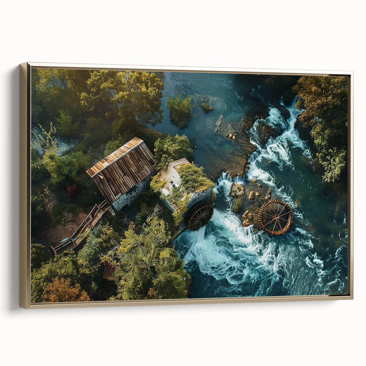 Framed canvas artwork showcasing a stunning landscape with watermills, featuring warm gold accents and a contemporary design, ideal for home decor.